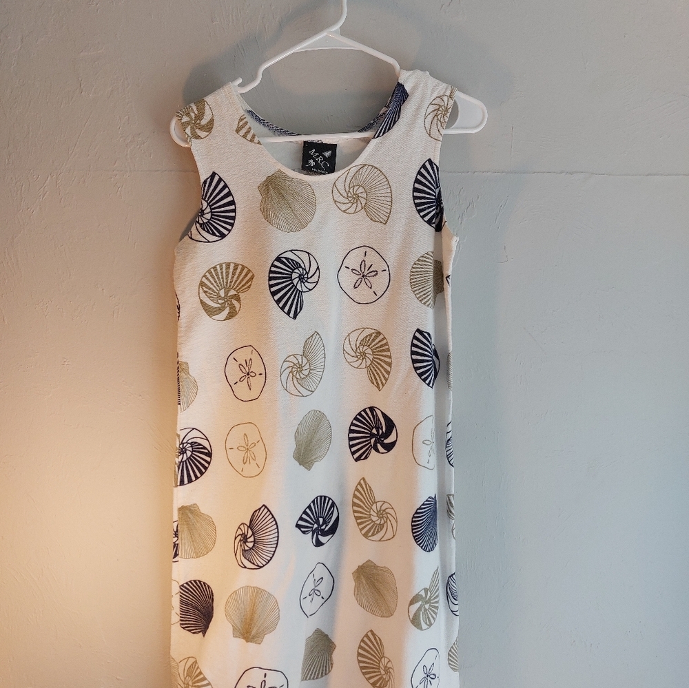 Michican Rag Company Sanddollar &Shell Print Shift Dress - Navy & Olive on Cream